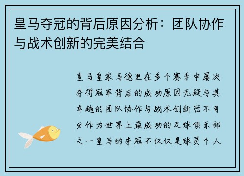 皇马夺冠的背后原因分析:团队协作与战术创新的完美结合 皇马夺冠的背后原因分析:团队协作与战术创新的完美结合